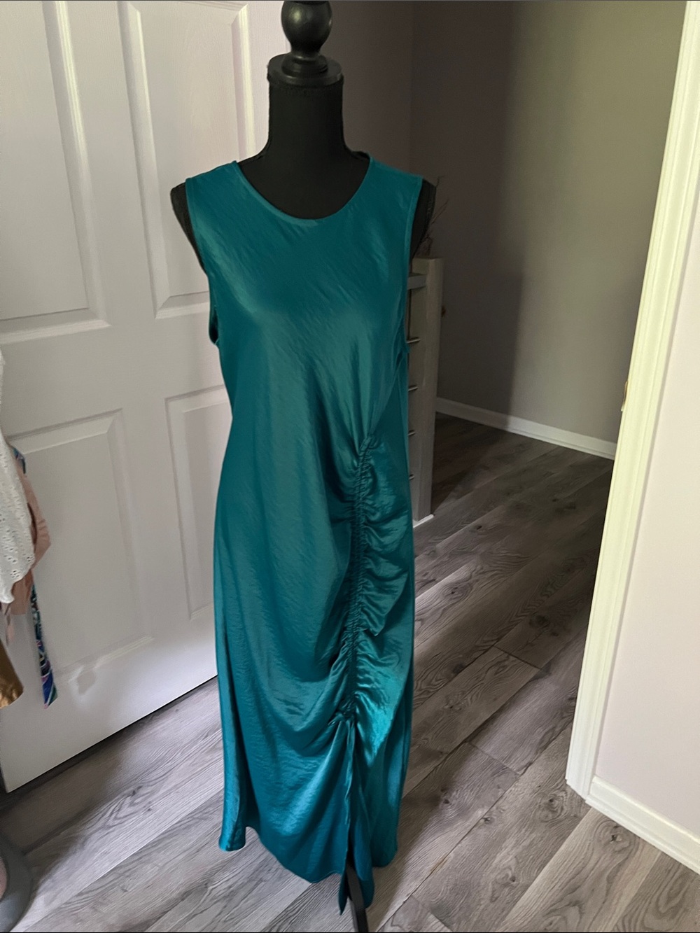 House of Harlow 1960 Teal Sleeveless Satin Ruched Maxi Dress
